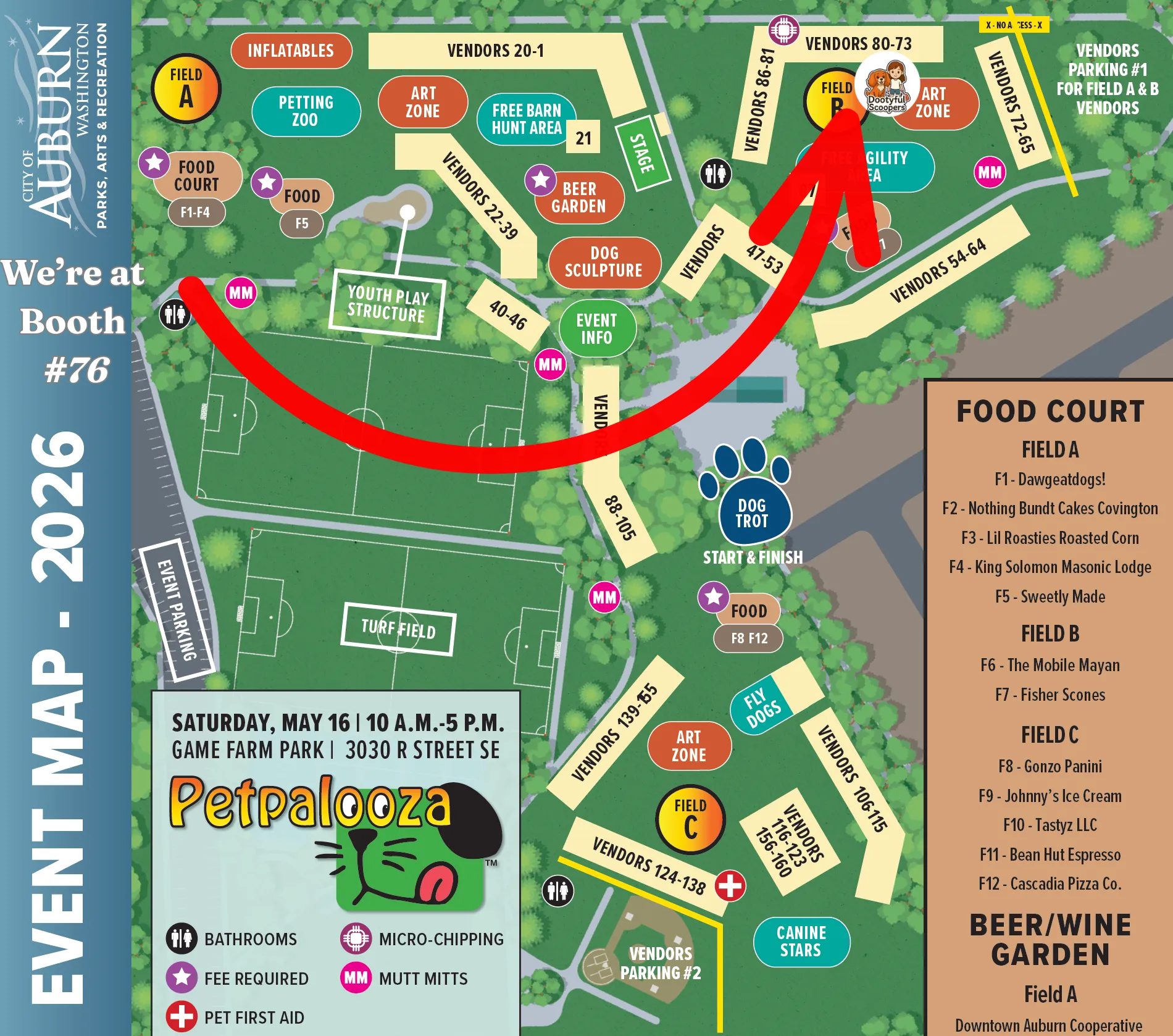 Petpalooza 2026 Event Map — Dootyful Scoopers at Booth #76, Game Farm Park, Auburn WA