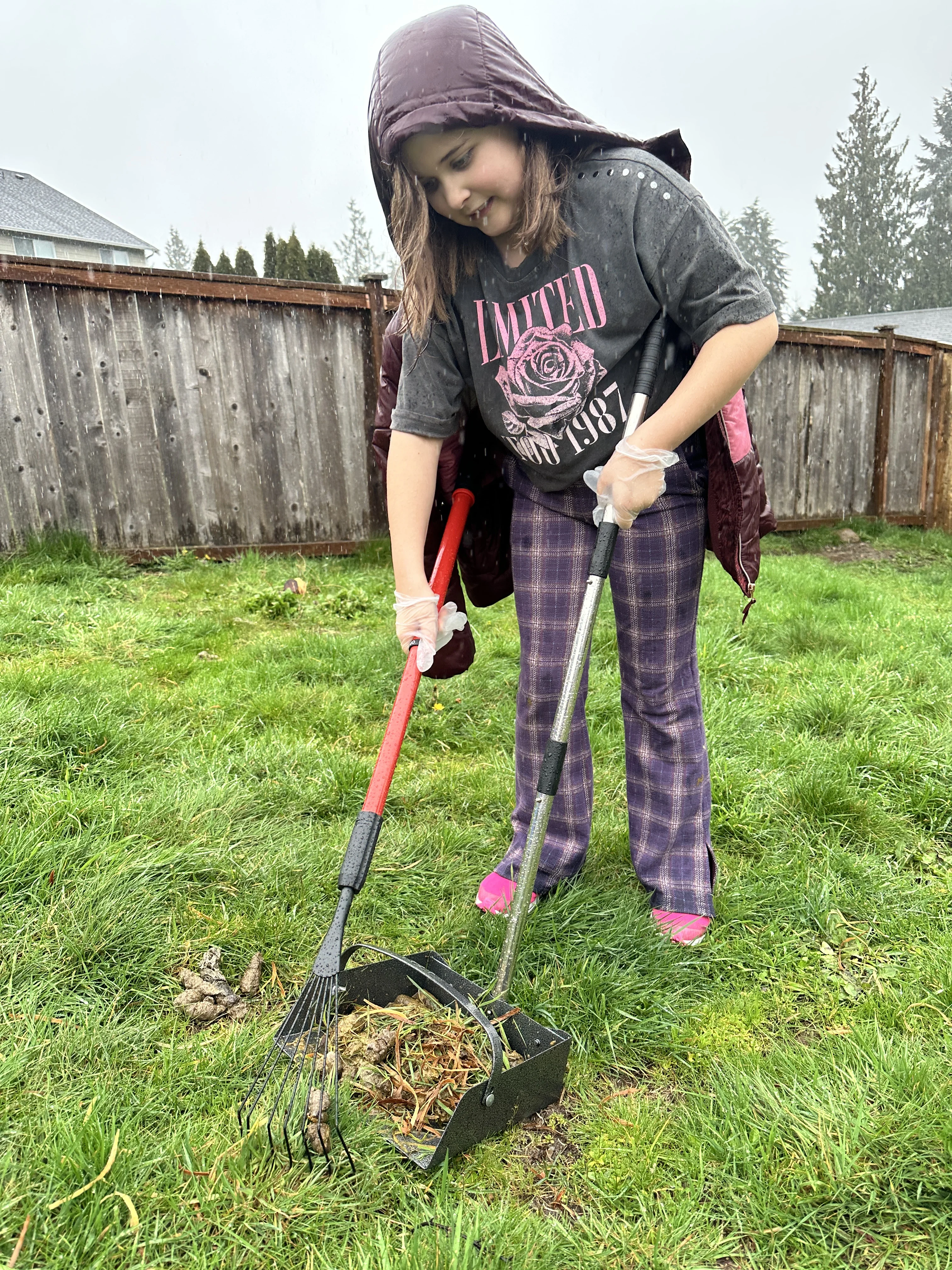 Team member using the rake in a real yard
